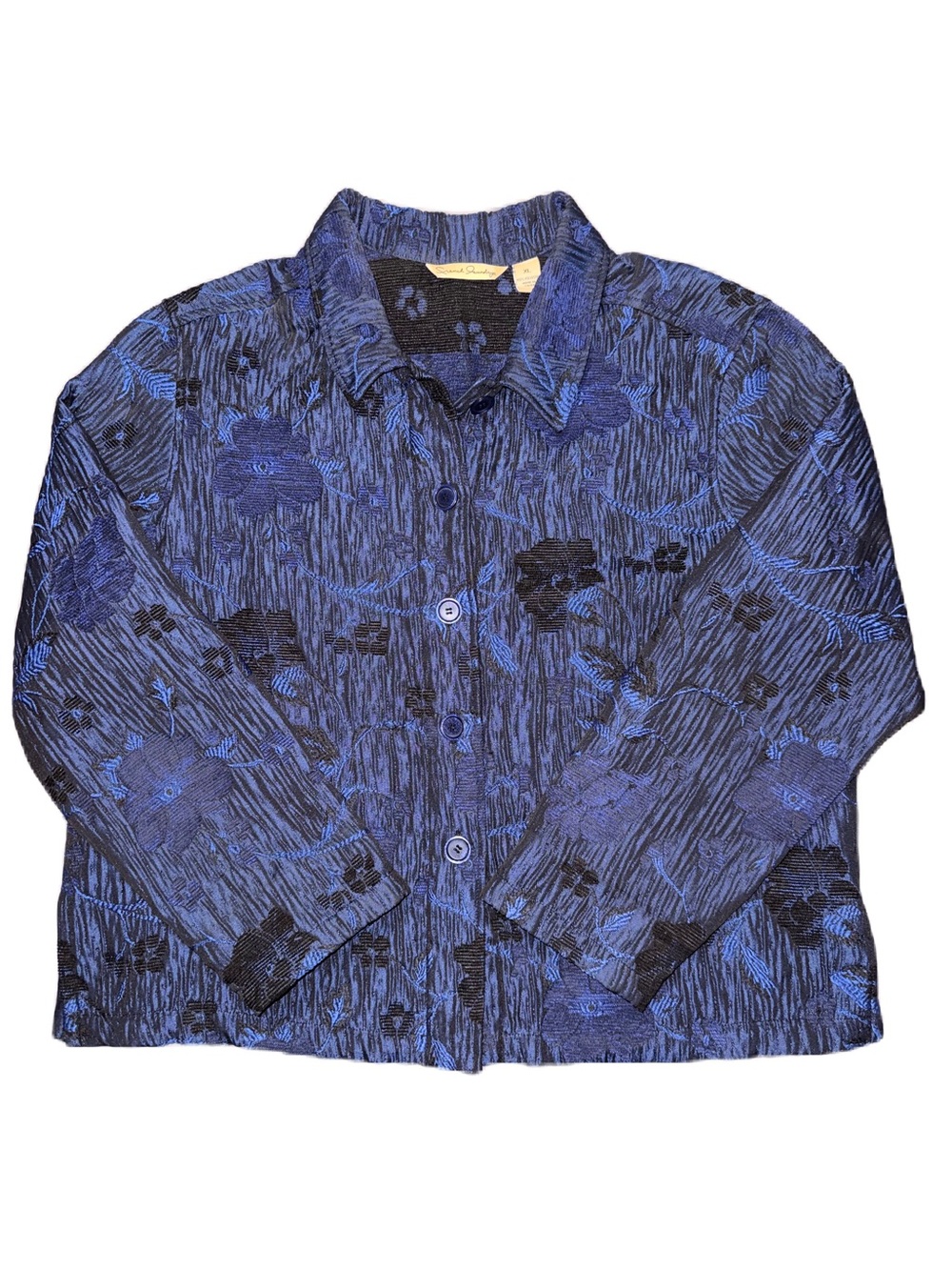 French Laundry Blue Floral Textured Blazer XL Lightweight Knit‑Lined Layering